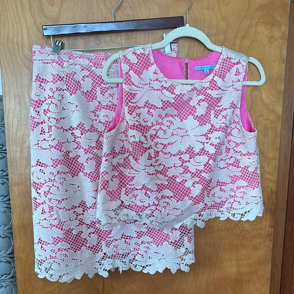 Pink and White Lace Two-Piece Set